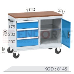 8145 KODLU 3 ÇEKMECELİ, KİLİTLİ KAPILI DOLAPLI (1 SABİT RAFLI) ÇALIŞMA ARABASI