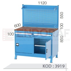 3919 KODLU 1 ÇEKMECELİ YARIM KAPILI 2 DOLAPLI ASKI PANOLU 112 CM KISA ÇALIŞMA TEZGAHI
