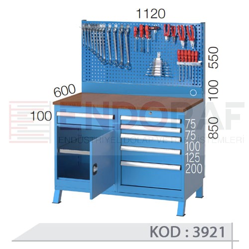 3921 KODLU 1 ÇEKMECELİ YARIM KAPILI 5 ÇEKMECELİ 2 DOLAPLI ASKI PANOLU 112 CM KISA ÇALIŞMA TEZGAHI 3921 KODLU 1 ÇEKMECELİ YARIM KAPILI 5 ÇEKMECELİ 2 DOLAPLI ASKI PANOLU 112 CM KISA ÇALIŞMA TEZGAHI