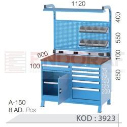 3923 KODLU 1 ÇEKMECELİ YARIM KAPILI 5 ÇEKMECELİ 2 DOLAPLI ASKI PANOLU, FLORESANLI KISA ÇALIŞMA TEZGAHI