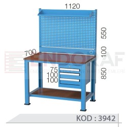 3942 KODLU 3 ÇEKMECELİ ASKI PANOLU 112 CM KISA ÇALIŞMA TEZGAHI