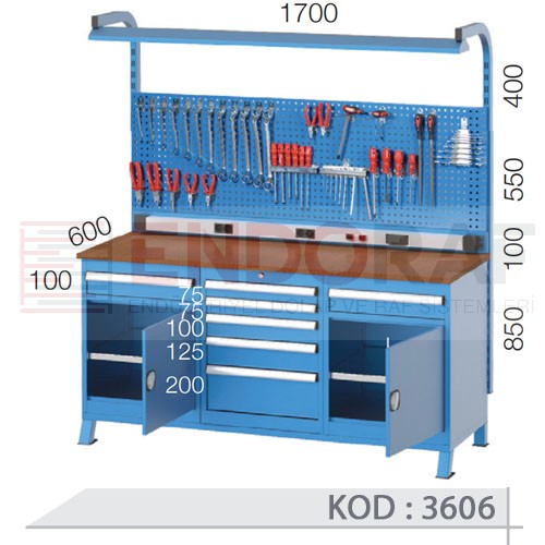 3606 KODLU 7 ÇEKMECELİ, ASKI PANOLU, FLORASANLI ELEKTRİKLİ , DOLAPLI ÇALIŞMA TEZGAHI 3606 KODLU 7 ÇEKMECELİ, ASKI PANOLU, FLORASANLI ELEKTRİKLİ , DOLAPLI ÇALIŞMA TEZGAHI