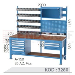 3280 KODLU SÜRGÜ DOLAPLI, AVADANLIK KUTULU, ASKI PANOLU, ELEKTRİK PANOLU, 7 ÇEKMECELİ ÇALIŞMA TEZGAHI