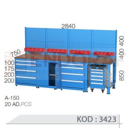3423 KODLU 8 ÇEKMECELİ KAPAKLI DOLAPLI TAKIM ARABALI ASKI PANOLU AVADANLIK KUTULU ELEKTRİKLİ ÇALIŞMA TEZGAHI