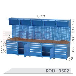 3502 KODLU 16 ÇEKMECELİ, KAPAKLI DOLAPLI, AMORTİSÖR DOSYA DOLAPLI ELEKTRİKLİ ASKI PANOLU ÇALIŞMA TEZGAHI