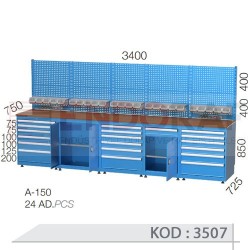 3507 KODLU 19 ÇEKMECELİ KAPAKLI DOLAPLI AVADANLIK KUTULU ASKI PANOLU ELEKTRİKLİ ÇALIŞMA TEZGAHI