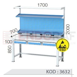 3632 KODLU ANTİSTATİK (ESD) KAPLI  3 ÇEKMECELİ ASKI PANOLU RAFLI ELEKTRİK PRİZLİ VE IŞIKLI ELEKTRONİKÇİ ÇALIŞMA TEZGAHI