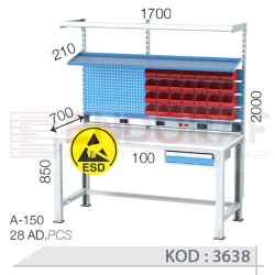 3638 KODLU ANTİSTATİK (ESD) KAPLI  ESD LEVHALI AVADANLIK KUTULU TEK ÇEKMECELİ ASKI PANOLU RAFLI ELEKTRİK PRİZLİ VE IŞIKLI ELEKTRONİKÇİ ÇALIŞMA TEZGAHI