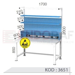 3651 KODLU ANTİSTATİK (ESD) KAPLI ASKI PANOLU RAFLI ELEKTRİK PRİZLİ VE IŞIKLI ELEKTRONİKÇİ ÇALIŞMA TEZGAHI