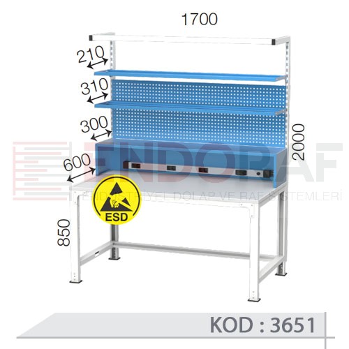 3651 KODLU ANTİSTATİK (ESD) KAPLI ASKI PANOLU RAFLI ELEKTRİK PRİZLİ VE IŞIKLI ELEKTRONİKÇİ ÇALIŞMA TEZGAHI 3651 KODLU ANTİSTATİK (ESD) KAPLI ASKI PANOLU RAFLI ELEKTRİK PRİZLİ VE IŞIKLI ELEKTRONİKÇİ ÇALIŞMA TEZGAHI