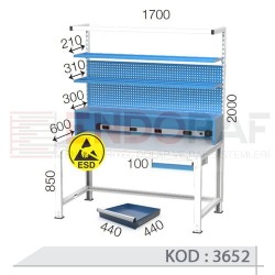 3652 KODLU ANTİSTATİK (ESD) KAPLI TEK ÇEKMECELİ ASKI PANOLU RAFLI ELEKTRİK PRİZLİ VE IŞIKLI ELEKTRONİKÇİ ÇALIŞMA TEZGAHI