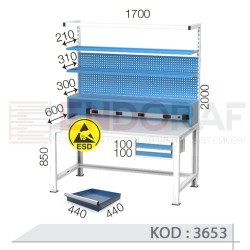 3653 KODLU ANTİSTATİK (ESD) KAPLI 2 ÇEKMECELİ ASKI PANOLU RAFLI ELEKTRİK PRİZLİ VE IŞIKLI ÇALIŞMA TEZGAHI