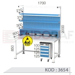 3654 KODLU ANTİSTATİK (ESD) KAPLI TAKIM ARABALI ASKI PANOLU RAFLI ELEKTRİK PRİZLİ VE IŞIKLI ELEKTRONİKÇİ ÇALIŞMA TEZGAHI