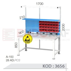 3656 KODLU ANTİSTATİK (ESD) KAPLI AVADANLIK KUTULU ASKI PANOLU RAFLI ELEKTRİK PRİZLİ VE IŞIKLI ELEKTRONİKÇİ ÇALIŞMA TEZGAHI
