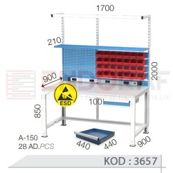3657 KODLU ANTİSTATİK (ESD) KAPLI AVADANLIK KUTULU TEK ÇEKMECELİ ASKI PANOLU RAFLI ELEKTRİK PRİZLİ VE IŞIKLI ELEKTRONİKÇİ ÇALIŞMA TEZGAHI