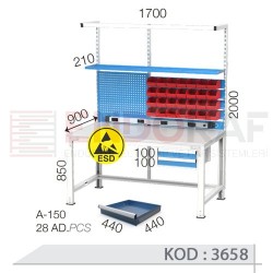 3658 KODLU ANTİSTATİK (ESD) KAPLI AVADANLIK KUTULU 2 ÇEKMECELİ ASKI PANOLU RAFLI ELEKTRİK PRİZLİ VE IŞIKLI ELEKTRONİKÇİ ÇALIŞMA TEZGAHI