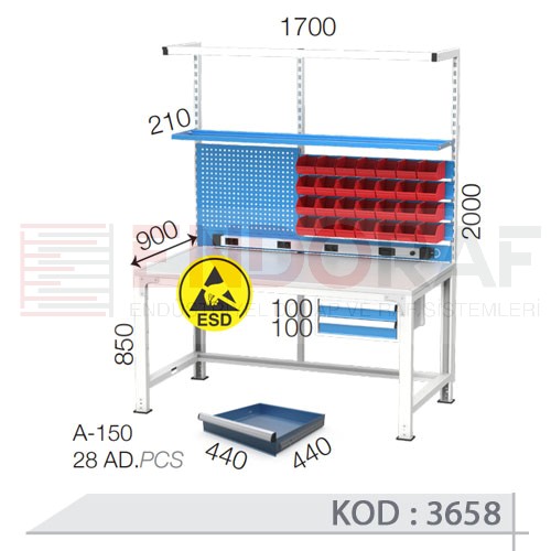 3658 KODLU ANTİSTATİK (ESD) KAPLI AVADANLIK KUTULU 2 ÇEKMECELİ ASKI PANOLU RAFLI ELEKTRİK PRİZLİ VE IŞIKLI ELEKTRONİKÇİ ÇALIŞMA TEZGAHI 3658 KODLU ANTİSTATİK (ESD) KAPLI AVADANLIK KUTULU 2 ÇEKMECELİ ASKI PANOLU RAFLI ELEKTRİK PRİZLİ VE IŞIKLI ELEKTRONİKÇİ ÇALIŞMA TEZGAHI