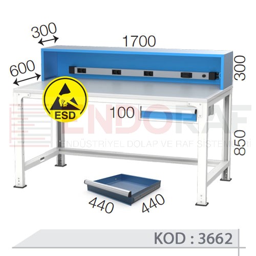 3662 KODLU ANTİSTATİK (ESD) KAPLI TEK ÇEKMECELİ ELEKTRİK PRİZLİ ELEKTRONİKÇİ ÇALIŞMA TEZGAHI 3662 KODLU ANTİSTATİK (ESD) KAPLI TEK ÇEKMECELİ ELEKTRİK PRİZLİ ELEKTRONİKÇİ ÇALIŞMA TEZGAHI