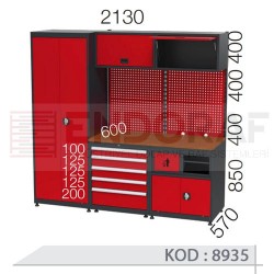 8935 KODLU 5 ÇEKMECELİ ÇALIŞMA TEZGAHLI MALZEME DOLAPLI ASKI PANOLU GARAJ SETİ