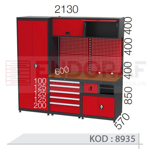 8935 KODLU 5 ÇEKMECELİ ÇALIŞMA TEZGAHLI MALZEME DOLAPLI ASKI PANOLU GARAJ SETİ