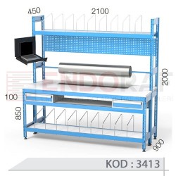 3413 KODLU   2 ÇEKMECELİ LCD EKRAN APARATLI, KOLİ İÇİN METAL BÖLMELİ, VE AMBALAJ RULOLU AMBALAJ MASASI