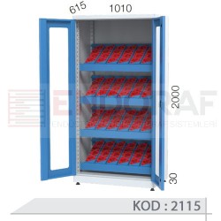 2115 KODLU 2 ADET PLEKSİLİ KAPAKLI, 4 ADET SABİT CNC TUTUCU RAFLI, 96 ADET CNC TUTUCU KAPASİTELİ, KİLİTLİ CNC TAKIM DOLABI