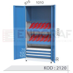 2120 KODLU 2 KAPAKLI, 2 ADET SABİT CNC TUTUCU RAFLI, 48 ADET CNC TUTUCU KAPASİTELİ, 3 ÇEKMECELİ, DOLAP İÇİ TAKIM ASMA PANOLU KİLİTLİ CNC TAKIM DOLABI