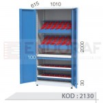 2130 KODLU 2 KAPAKLI, 2 ADET SABİT CNC TUTUCU RAFLI, 96 ADET CNC TUTUCU KAPASİTELİ, 1 ÇEKMECELİ, 2 ADET HAREKETLİ CNC RAFLI, KİLİTLİ CNC TAKIM DOLABI