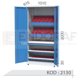 2130 KODLU 2 KAPAKLI, 2 ADET SABİT CNC TUTUCU RAFLI, 96 ADET CNC TUTUCU KAPASİTELİ, 1 ÇEKMECELİ, 2 ADET HAREKETLİ CNC RAFLI, KİLİTLİ CNC TAKIM DOLABI