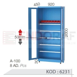 6231 KODLU 5 RAFLI, PLEKSİ KAPILI, ASKI SACLI AVADANLIK KUTULU DOLAP