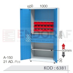 6381 KODLU 3 ÇEKMECELİ, 2 ADET SABİT RAFLI, 21 ADET PLASTİK KUTULU, DOLAP ARKA KISMI VE KAPI İÇLERİ TAKIM ASMA PANOLU, KİLİTLİ MALZEME DOLABI
